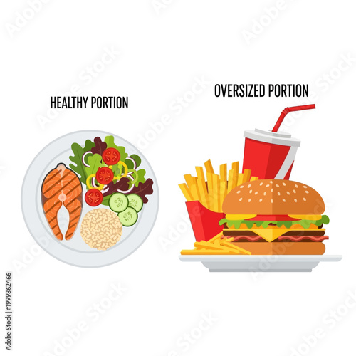 Healthy Portion vs Oversized Portion: Salmon, Salad, Rice vs Burger, Fries, Soda