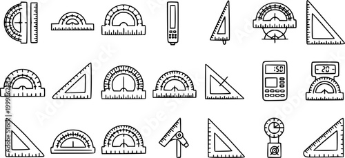 Black and White Line Art Icons of Math Tools: Protractor, Triangle Ruler, Calculator for Education