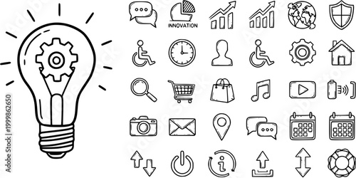 Hand-drawn Sketchy Business and Technology Icons Set. Black Line Art Vector Collection of Web, Communication, and Digital Symbols including Idea Lightbulb.