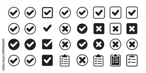 Collection of assorted check mark and cross icons in various shapes and styles for design.
