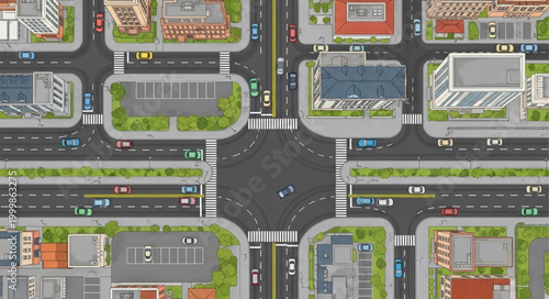 Aerial view of a busy city intersection with buildings and traffic.