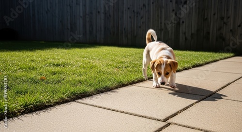 Adorable beagle puppy walking on stone patio, small dog exploring backyard garden, cute pet playing on green lawn near wooden fence