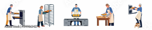 Illustrations of professional bakers in uniforms baking and preparing fresh croissants in a commercial kitchen environment, isolated on a white background.