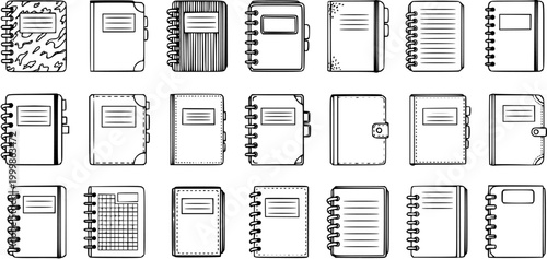 Black and White Line Art Collection of Various Notebooks and Journals, Vector Illustrations