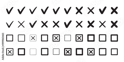 Minimalist hand drawn check marks and cross symbols set with square boxes isolated on white for list interface design.