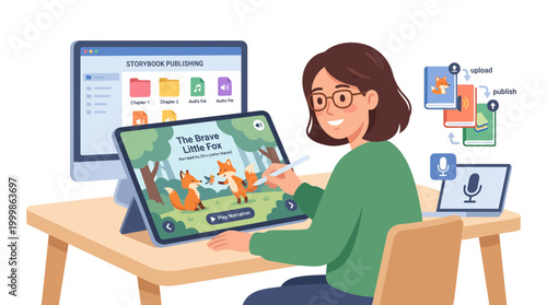 Woman Working on Digital Tablet with Multiple Devices.