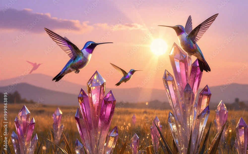 Fototapeta premium Hummingbirds soar above glowing purple crystals at sunset in a