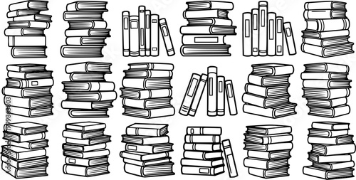Black and White Line Art Stacked Books Icons for Education, Library, Study and Knowledge