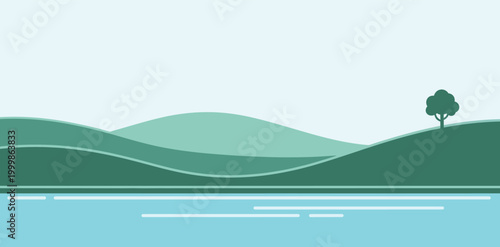 Minimalist vector art landscape featuring rolling green hills, a solitary tree, and tranquil blue water under a pale sky