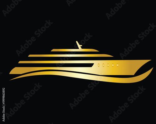 Luxury golden yacht silhouette sailing on a wave isolated on a black background for high-end nautical branding and lifestyle.
