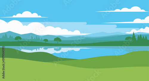 Foto Serene Landscape With Green Rolling Hills, Calm Water Body, and Distant Mountain