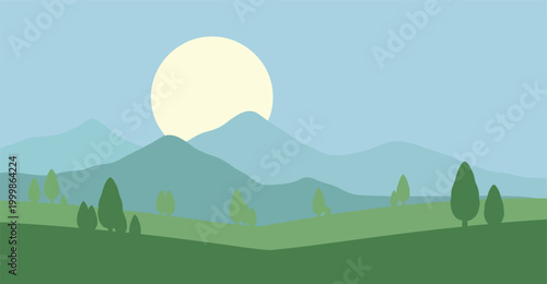 Serene mountain landscape illustration with rolling green hills and a bright sun setting or rising, evoking a peaceful and natural environment