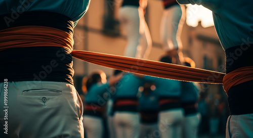 Close up of people building a human tower wearing traditional sashes