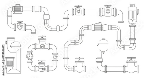 Collection of plumbing pipe fittings and valves schematic drawing.