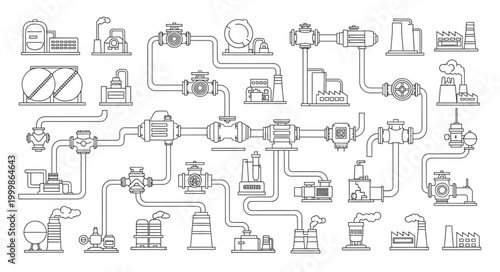Industrial factory process diagram with machinery and pipes.