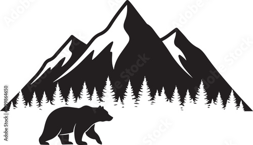 Black bear, mountain, and forest silhouette, wilderness icon, nature symbol, wildlife emblem
