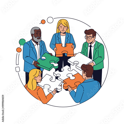 Diverse team of business professionals working together to assemble giant jigsaw puzzle pieces for a collaborative project or strategy.