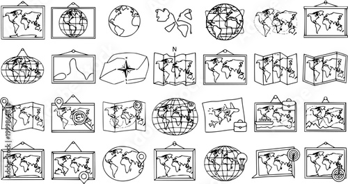 Black and White Line Art World Map and Globe Icons for Travel and Geography