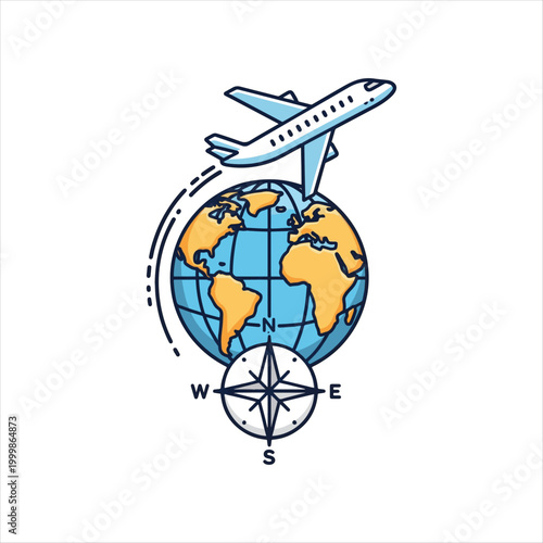 Concept illustration of an airplane flying around the globe with a compass rose symbol for international travel and logistics.