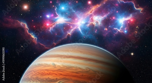 Giant planet dominates foreground against vibrant multicolored nebula and starry expanse