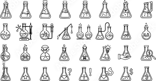 Black and White Line Art of Chemistry Flasks and Laboratory Equipment