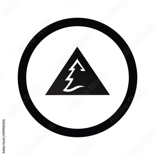 Minimalist circular logo featuring a triangle and a stylized pine tree silhouette for outdoor and nature brands.