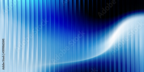 Bright blue glass vertical stripe gradient background with glowing white wave, abstract modern tech wallpaper for corporate web design