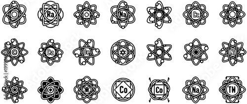 Atomic structure icons with chemical element symbols, line art, science  education