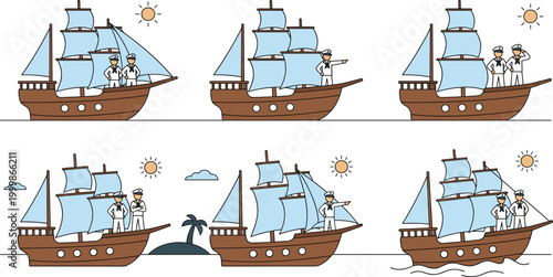 Cartoon Sailing Ship with Crew Character Set, Cute Wooden Boats on Ocean with Sun, Island, and Waves Nautical Adventure Vector Illustration Collection