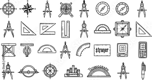 Technical Drawing and Navigation Tools Line Art Icons. Set of Drafting Instruments, Surveying Equipment, and Geometric Devices in Black  White Outline Style.