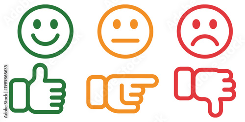 Three feedback icons showing positive neutral and negative with thumbs up, point, and thumbs down gestures, minimal customer review symbol collection