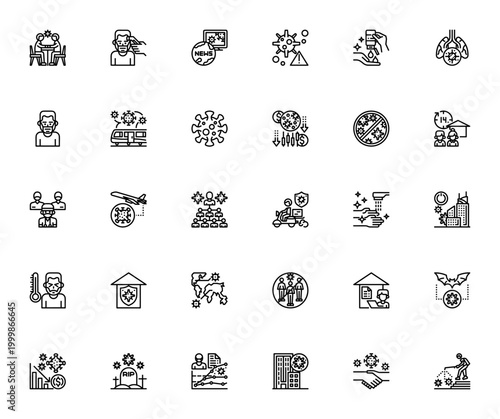Coronavirus and Economy icon set. Vector symbols for prevention, travel, work, health, business and more including mask, sanitizer, lockdown and delivery.