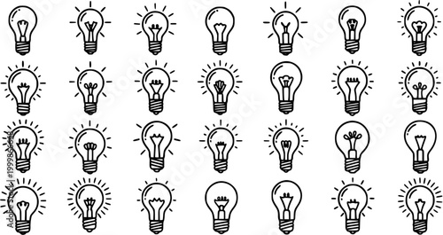 Creative  Technology Industry Lightbulb Icons Set. Black  White Hand-Drawn Line Art Doodles for Ideas, Innovation, Inspiration, and Solutions.