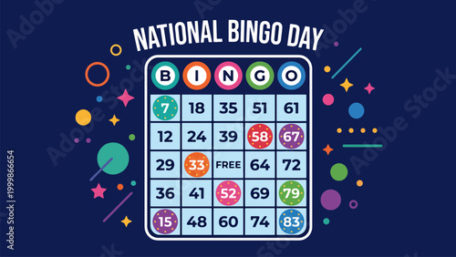A vibrant illustration celebrating National Bingo Day with a colorful Bingo card and festive background.