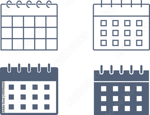 四角いマス目が入ったスパイラルリングで閉じられたカレンダーのアイコンセット