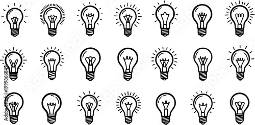 Black and White Line Art Lightbulb Icons Set. Hand-Drawn Doodle Glyph Vector Symbols for Idea, Innovation, and Technology Concepts.