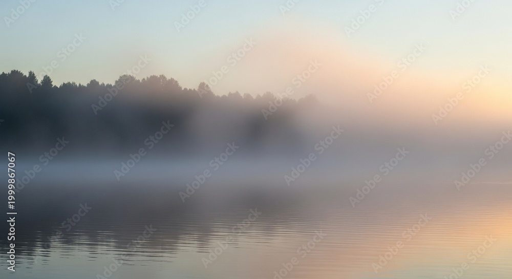 Fototapeta premium A dense morning mist hangs low over a calm river at dawn, obscuring the distant trees and creating a serene, mysterious natural atmosphere, damp, ethereal, ripple