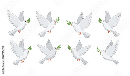 White dove with olive branch vector set symbolizing peace freedom and harmony isolated on white background