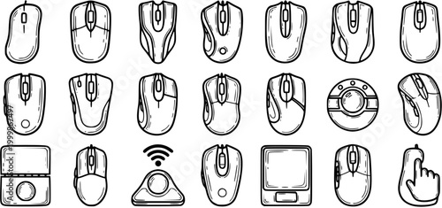 Technology Computer Mice Line Art Vector Icons Set. Diverse Electronic Pointer Devices in Black and White Outline Style for Web and UIUX Design.