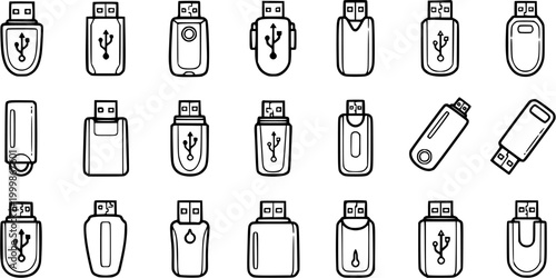 Technology USB Flash Drive Line Art Icons Set. Outline Memory Sticks and Thumb Drives for Data Storage and Digital Devices.