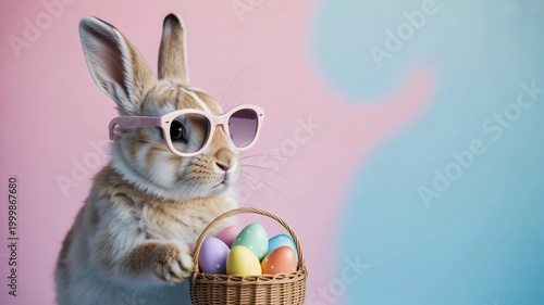 Easter bunny in sunglasses holds colorful egg basket