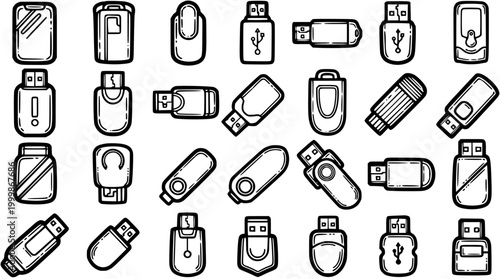 Black and White Line Art Icons of USB Flash Drives and Storage Devices, Technology Concept