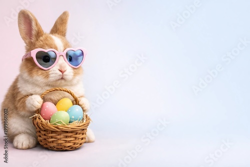 Adorable Easter bunny with heart sunglasses and egg basket