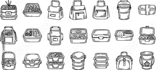 Black and White Line Art Illustration of Various Lunch Boxes and Food Containers
