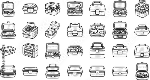 Black and White Line Art Icons of Various Lunch Boxes and Food Containers