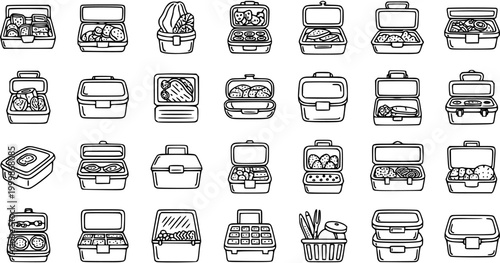 Black and White Line Art Icons of Various Lunch Boxes with Food, Food Containers, Food Storage, Takeaway Meals