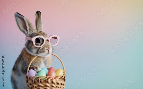 Adorable bunny wearing pink sunglasses with Easter eggs
