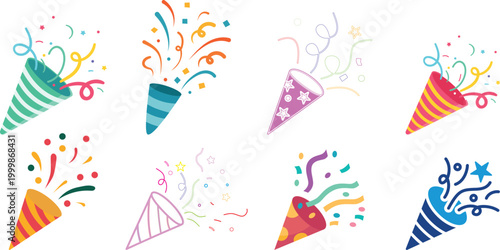 Confetti celebration burst festive party decoration colorful abstract explosion design vector isolated background joyful event holiday carnival sparkle set collection group.