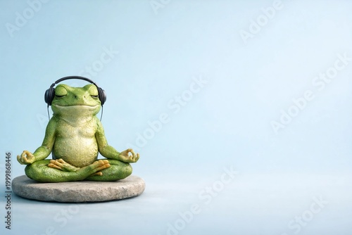 Zen frog listens to music meditating on a stone