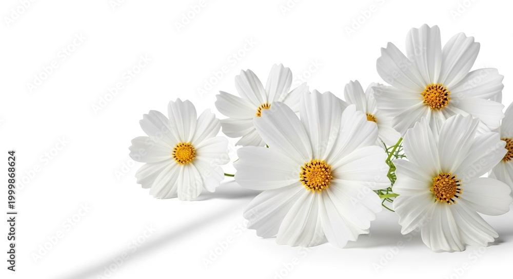 Obraz premium Elegant white cosmos flowers blooming with delicate petals and bright yellow centers, isolated on a pure white background with a path, plant, garden, nature